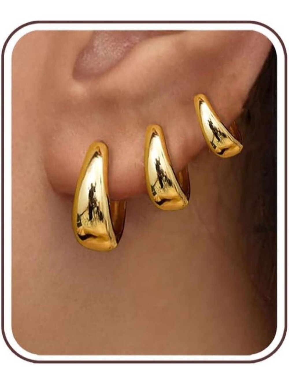 Women's 14K Gold Plated 3 Pairs Chunky Huggie Hoop Earrings Set Tear Drop